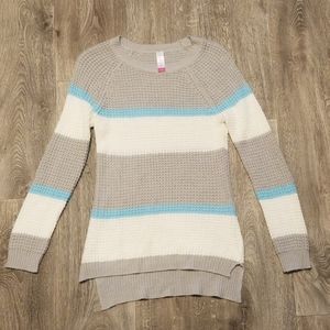 🍾 No Boundries knit sweater, tan, blue, cream